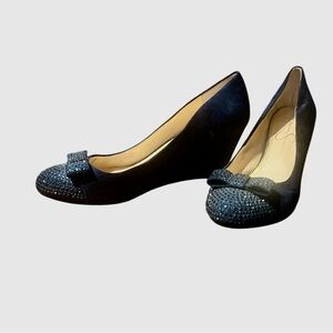 JESSICA SIMPSON Seley Wedge Navy Suede wedge heels Rhinestone bows - Sz 7.5